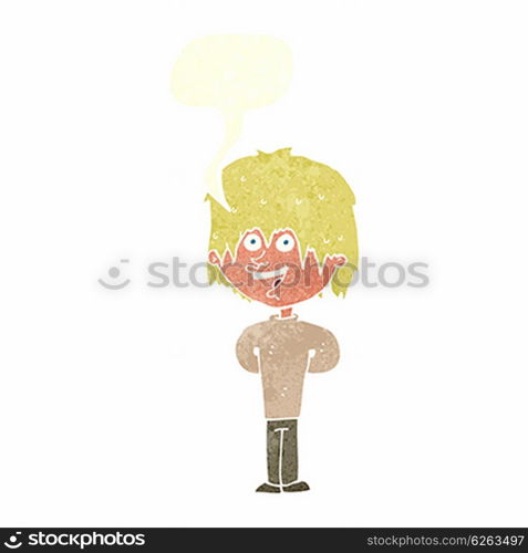 cartoon happy scruffy boy with speech bubble