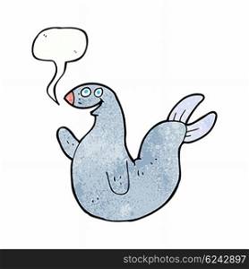cartoon happy seal with speech bubble