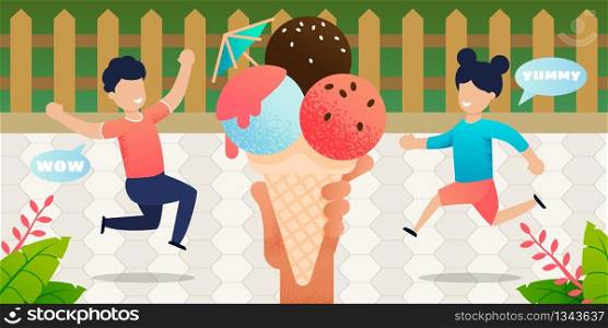 Cartoon Happy Smiling Children in Yard Running to Big Ice-Cream Holding by Human Hand. Refreshing Dessert, Sweet Snack in Summer. Candy Shop Advertisement. Flat Poster. Vector Illustration. Cartoon Children in Yard Running to Big Ice-Cream