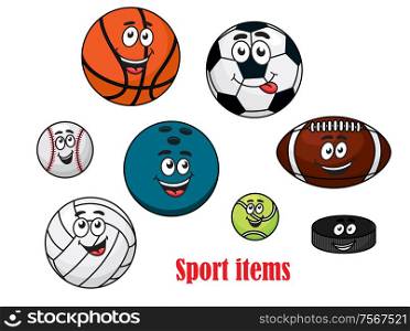 Cartoon happy sport ball characters with volleyball, rugby, tennis, bowling, soccer, basketball, baseball balls and ice hockey puck