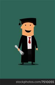 Cartoon happy student standing in black graduation gown and hat with diploma in hand. Education or graduation themes design. Student in graduation gown and hat with diploma