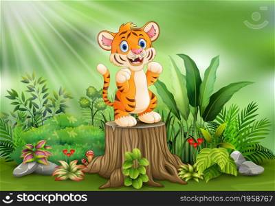 Cartoon happy tiger on tree stump with green plants