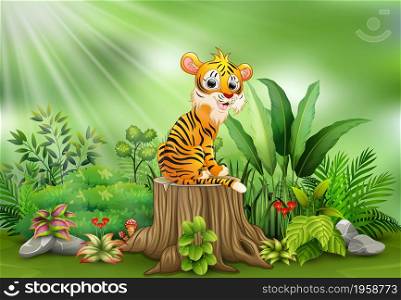 Cartoon happy tiger on tree stump with green plants
