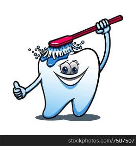 Cartoon happy tooth with brush cleaning ans washing. For dental hygiene or healthcare themes design. Cartoon happy tooth with brush