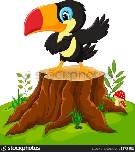 Cartoon happy toucan on tree stump
