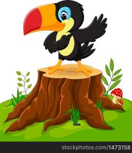 Cartoon happy toucan on tree stump