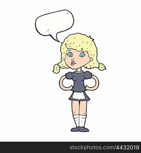 cartoon happy waitress woman with speech bubble