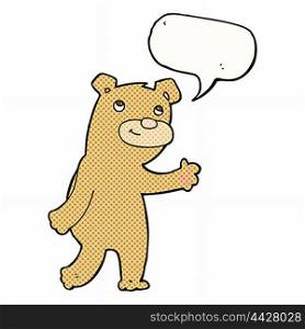 cartoon happy waving bear with speech bubble