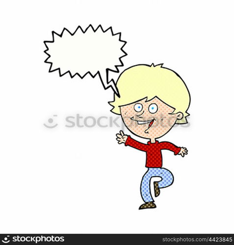 cartoon happy waving boy with speech bubble