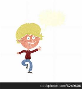 cartoon happy waving boy with speech bubble