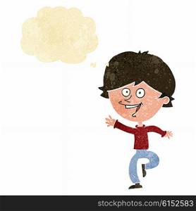 cartoon happy waving boy with thought bubble