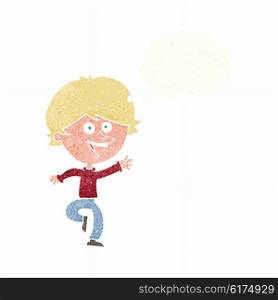 cartoon happy waving boy with thought bubble