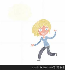 cartoon happy waving girl with thought bubble