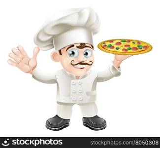 Cartoon happy waving Italian pizza chef with curly moustache