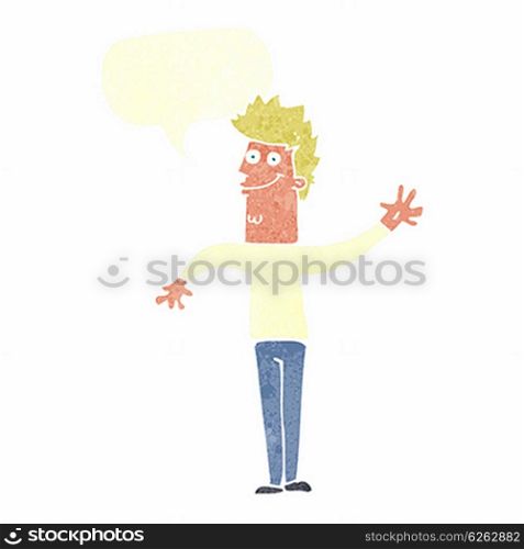 cartoon happy waving man with speech bubble