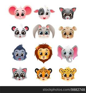 Cartoon happy wild animals head collection