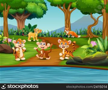 Cartoon happy wild animals in a pond scene 