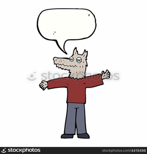 cartoon happy wolf man with speech bubble