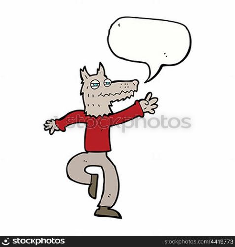 cartoon happy wolf man with speech bubble