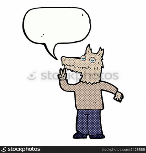 cartoon happy wolf man with speech bubble