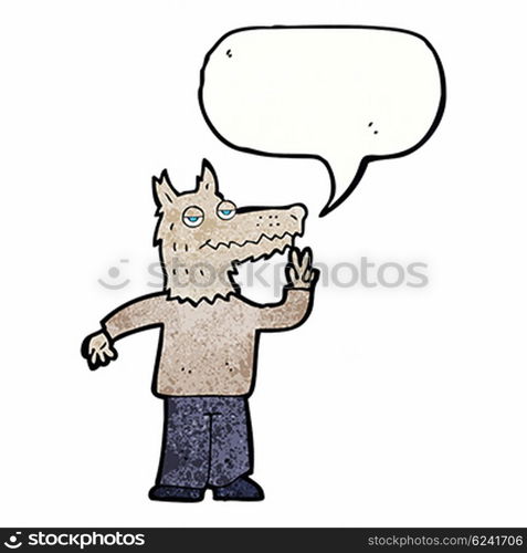 cartoon happy wolf man with speech bubble