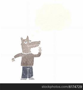 cartoon happy wolf man with thought bubble