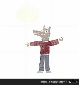 cartoon happy wolf man with thought bubble