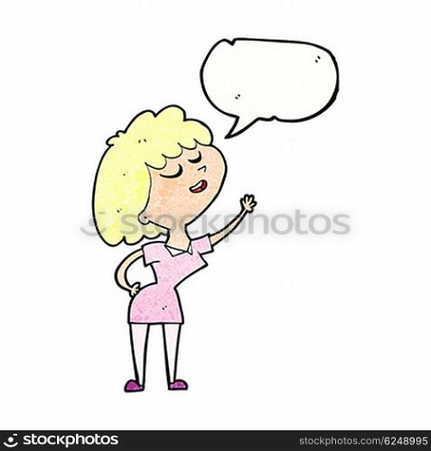 cartoon happy woman about to speak with speech bubble