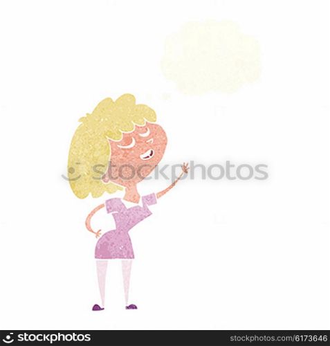 cartoon happy woman about to speak with thought bubble