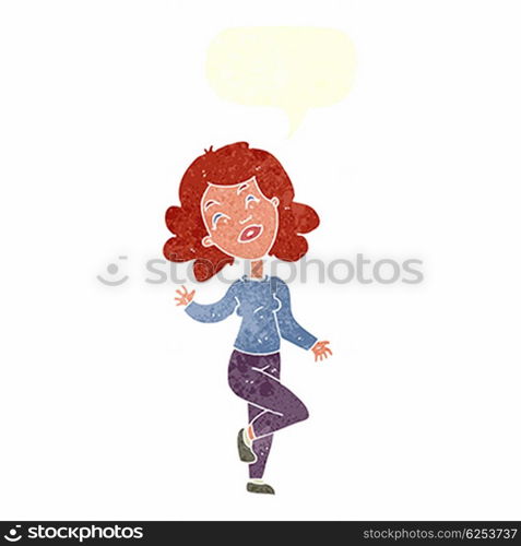 cartoon happy woman dancing with speech bubble