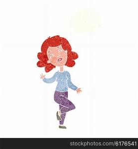 cartoon happy woman dancing with thought bubble