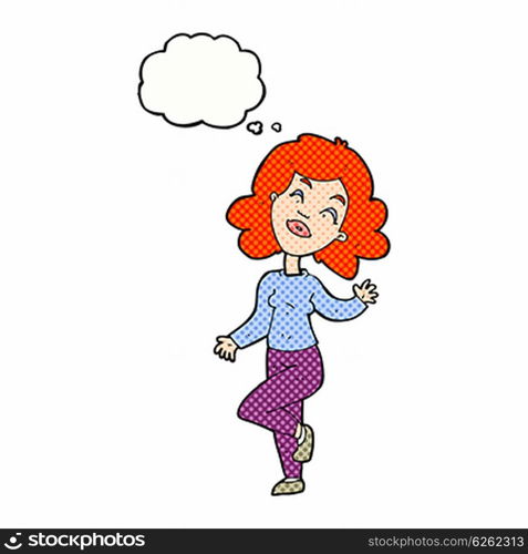 cartoon happy woman dancing with thought bubble