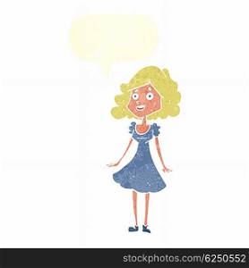 cartoon happy woman in dress with speech bubble