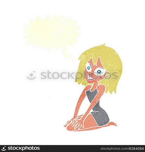 cartoon happy woman in dress with speech bubble
