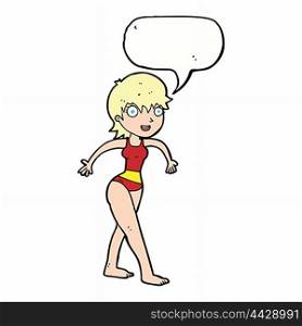 cartoon happy woman in swimming costume with speech bubble