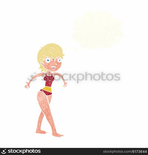 cartoon happy woman in swimming costume with thought bubble