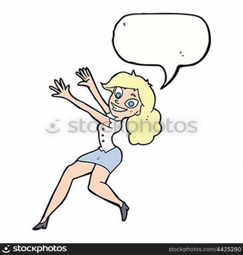 cartoon happy woman jumping with speech bubble