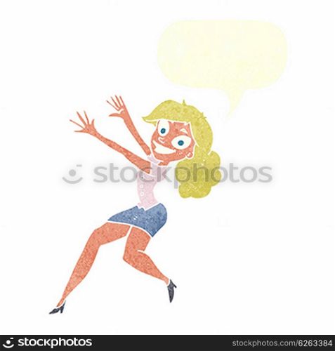 cartoon happy woman jumping with speech bubble