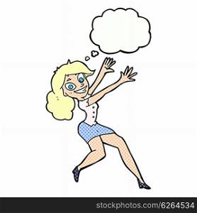 cartoon happy woman jumping with thought bubble