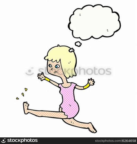 cartoon happy woman kicking with thought bubble
