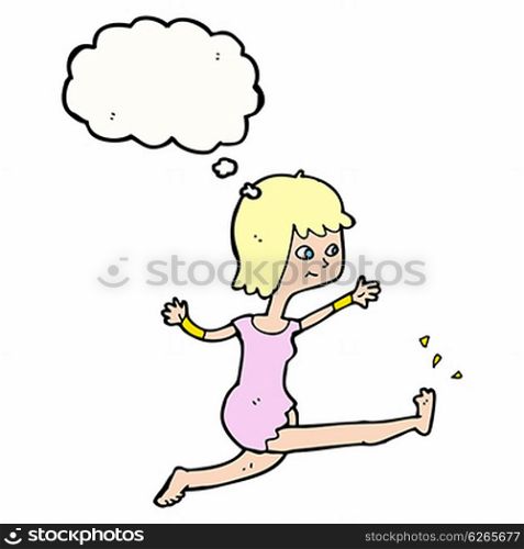 cartoon happy woman kicking with thought bubble