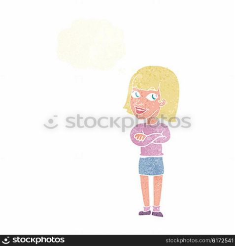 cartoon happy woman looking over with thought bubble