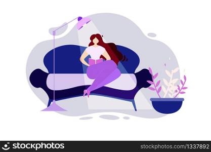 Cartoon Happy Woman on Comfortable Couch with Book in Hand Reading Vector Illustration. Home Evening Rest, Relax Cozy Apartment, Reader Hobby, Literature Study, Education Student Learning Leisure. Cartoon Woman on Comfortable Couch Book in Hand