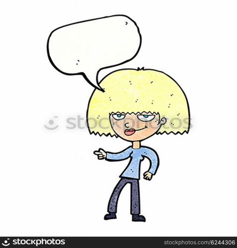 cartoon happy woman pointing with speech bubble