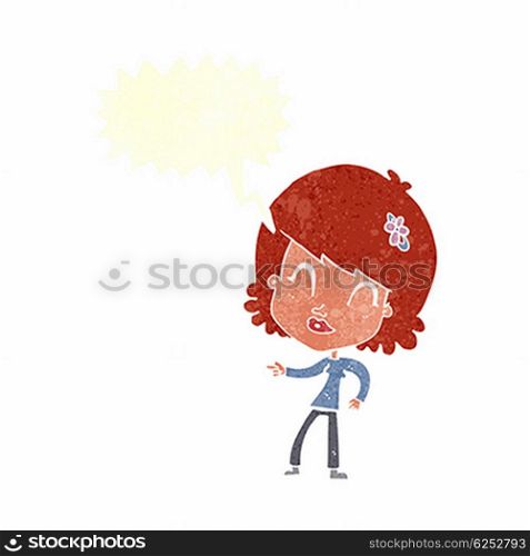 cartoon happy woman pointing with speech bubble