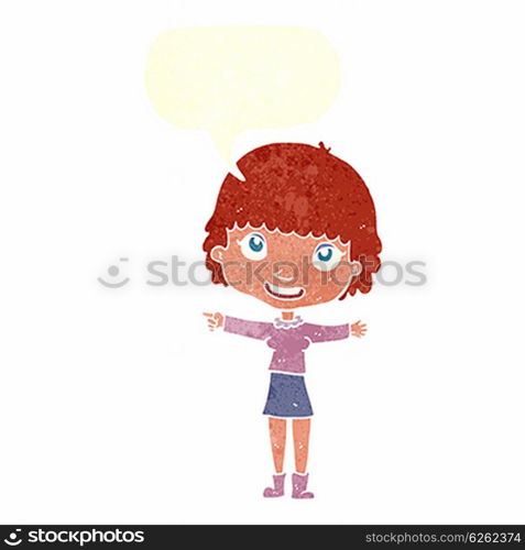 cartoon happy woman pointing with speech bubble