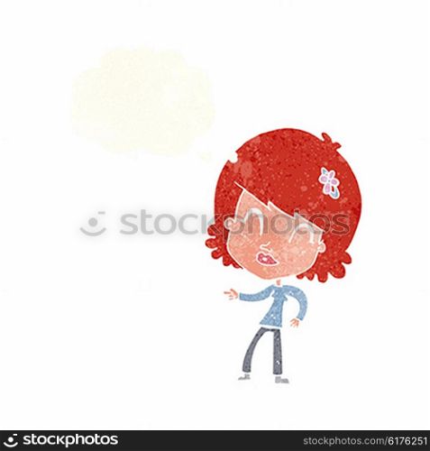 cartoon happy woman pointing with thought bubble