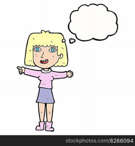 cartoon happy woman pointing with thought bubble