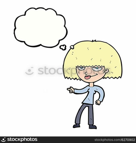 cartoon happy woman pointing with thought bubble
