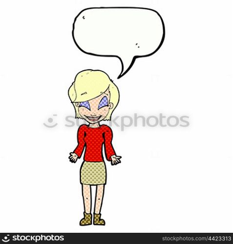 cartoon happy woman shrugging shoulders with speech bubble